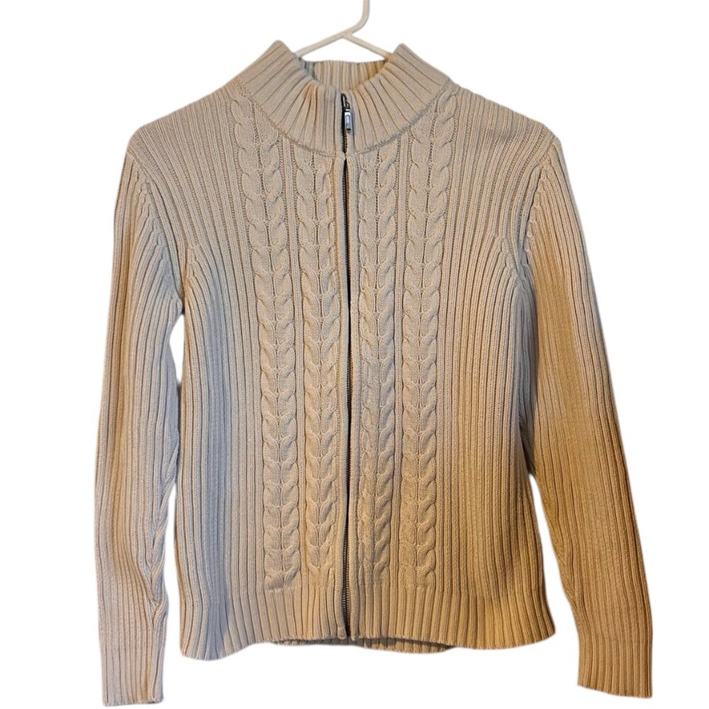 Lands’ End Vintage Cable Knit Zip Cardigan 100% Cotton Made in Japan Petite SZ S - Picture 2 of 11